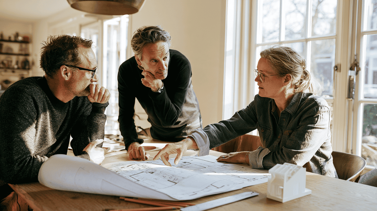 architect bespreek bouwtekningen met opdrachtgevers